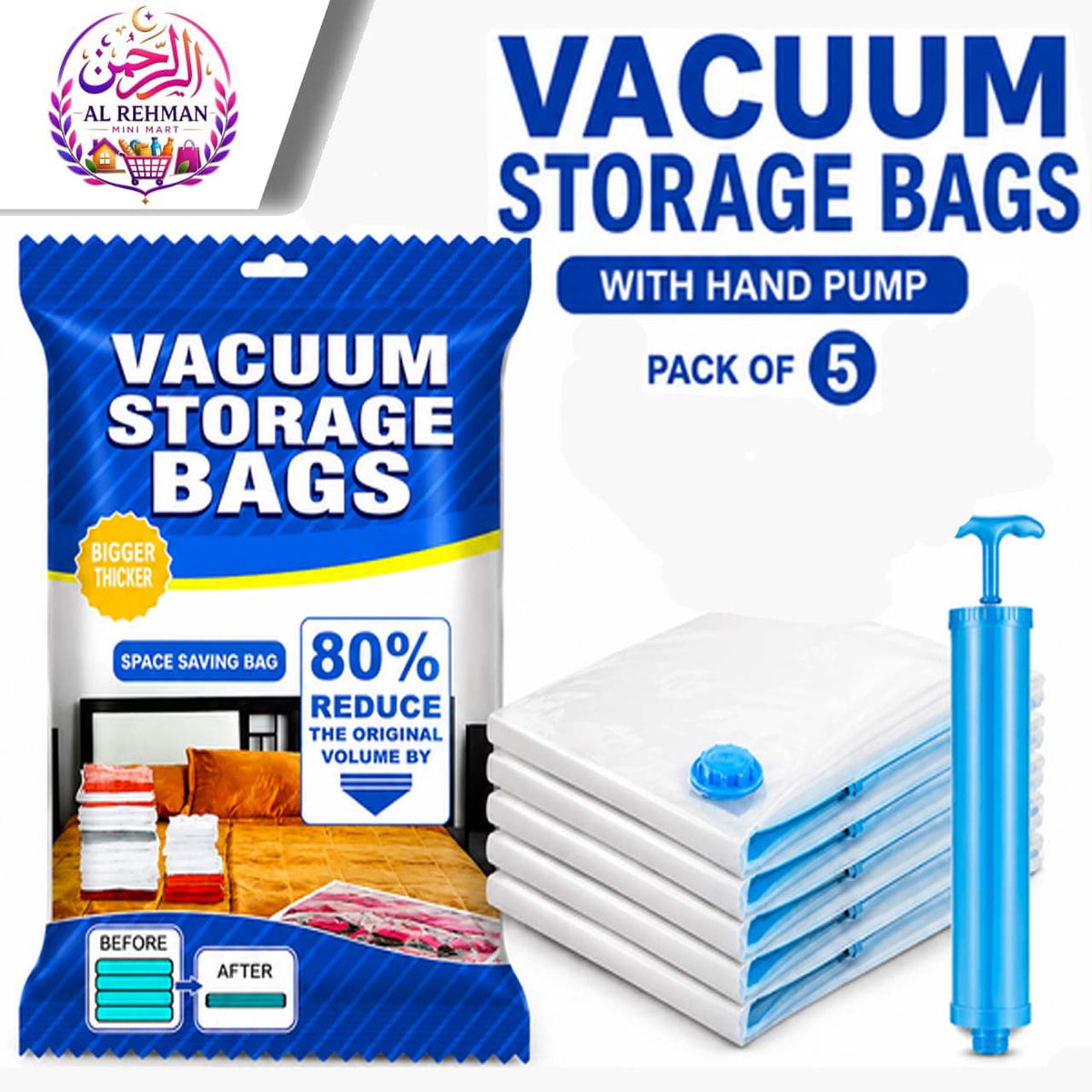 Vacuum Storage Bags with Pump - Save 80% Space | 5-Pack Compression Bags