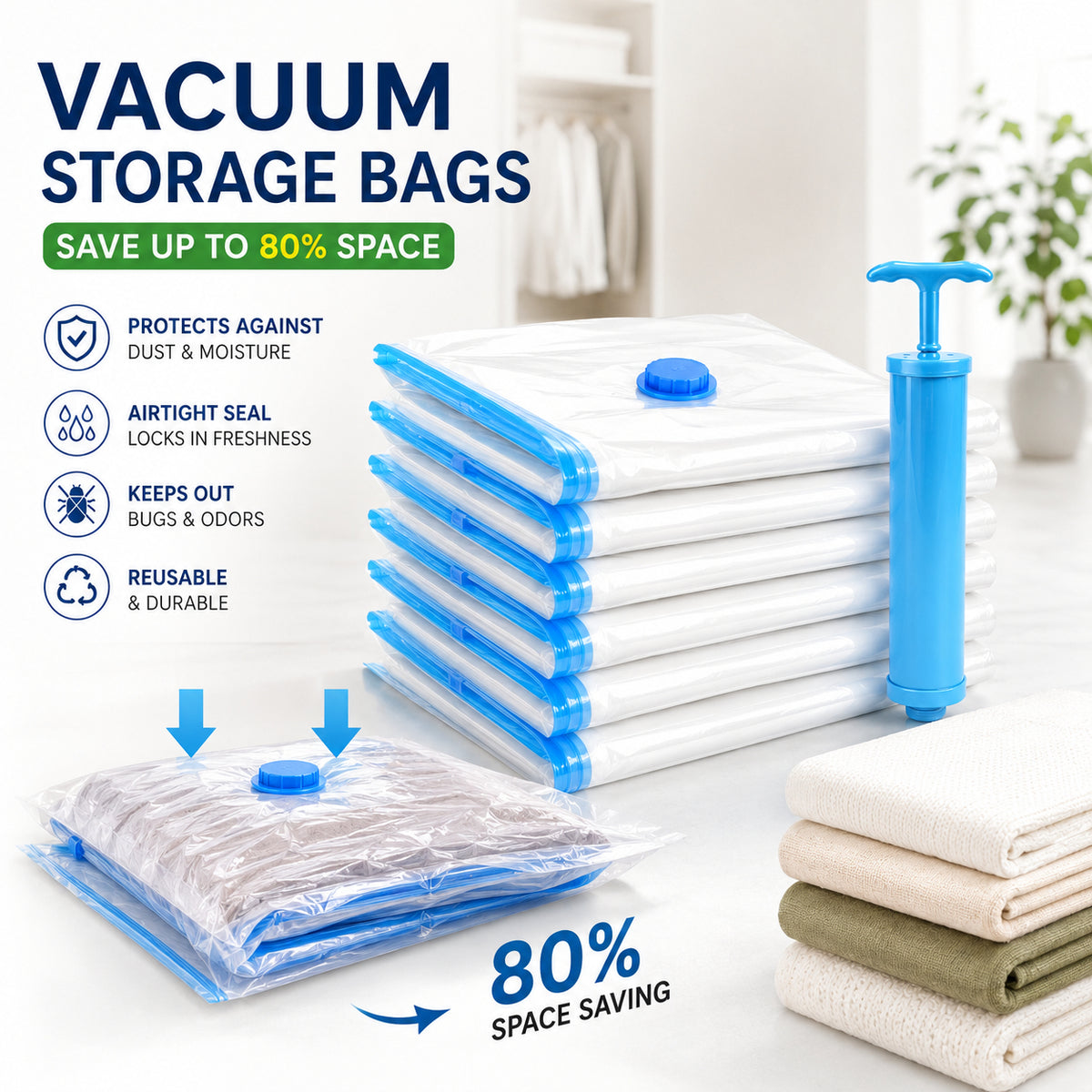 Vacuum Storage Bags with Pump - Save 80% Space | 5-Pack Compression Bags