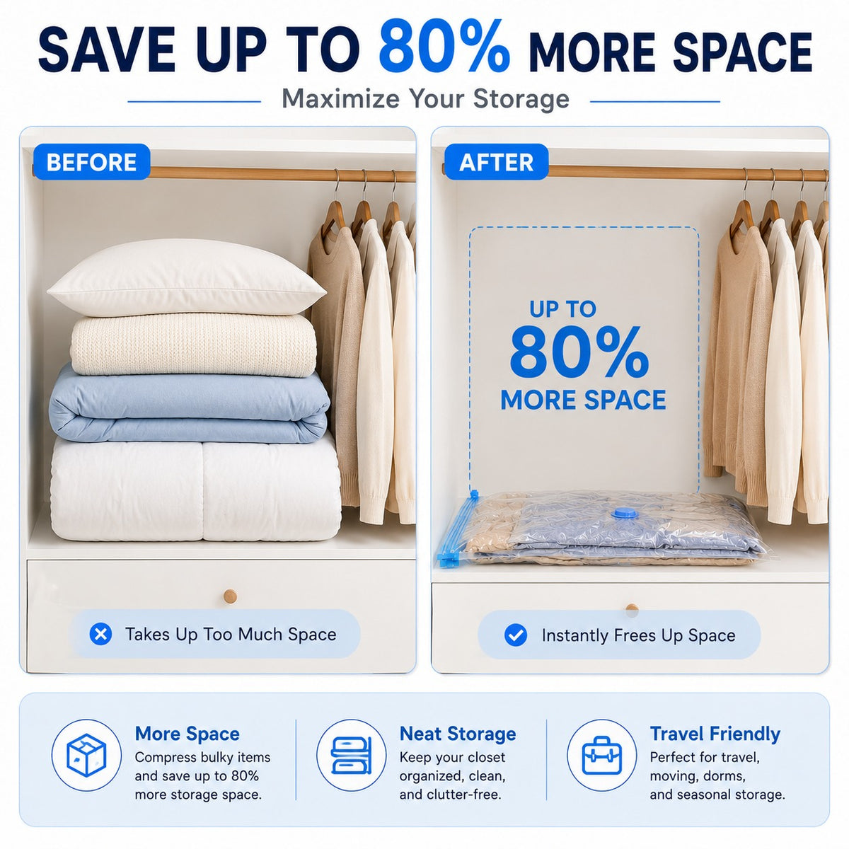 Vacuum Storage Bags with Pump - Save 80% Space | 5-Pack Compression Bags