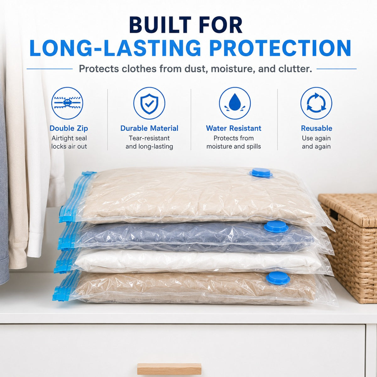 Vacuum Storage Bags with Pump - Save 80% Space | 5-Pack Compression Bags