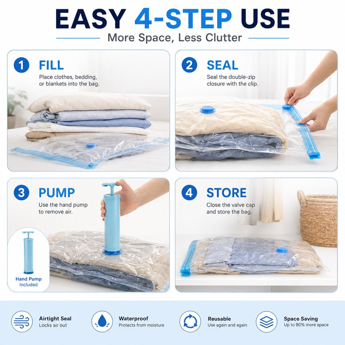 Vacuum Storage Bags with Pump - Save 80% Space | 5-Pack Compression Bags