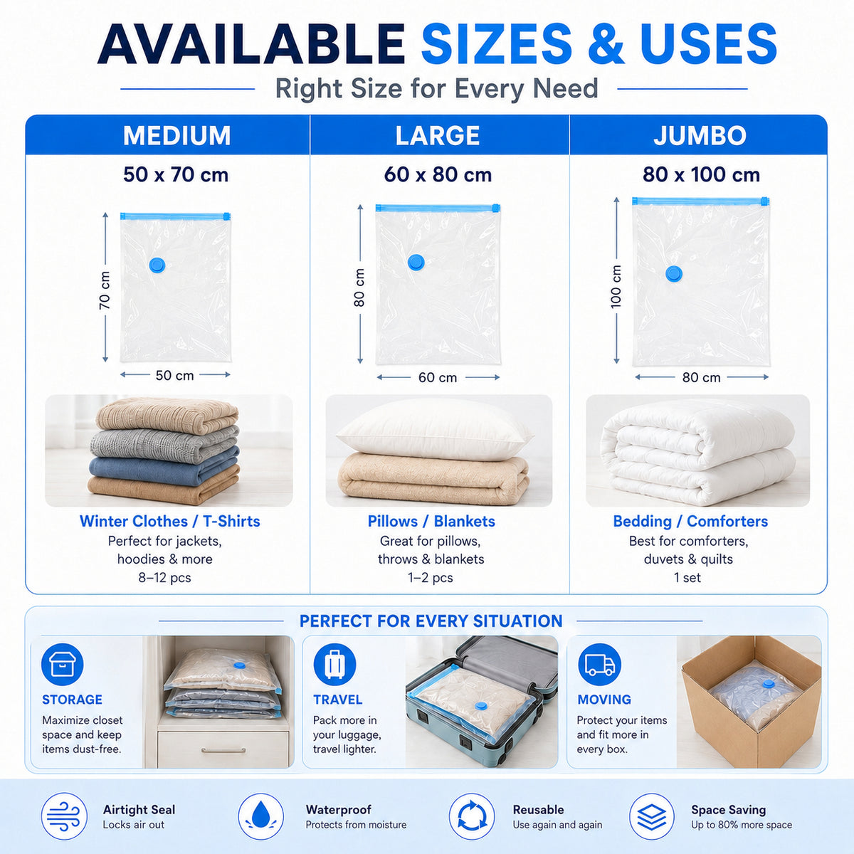 Vacuum Storage Bags with Pump - Save 80% Space | 5-Pack Compression Bags