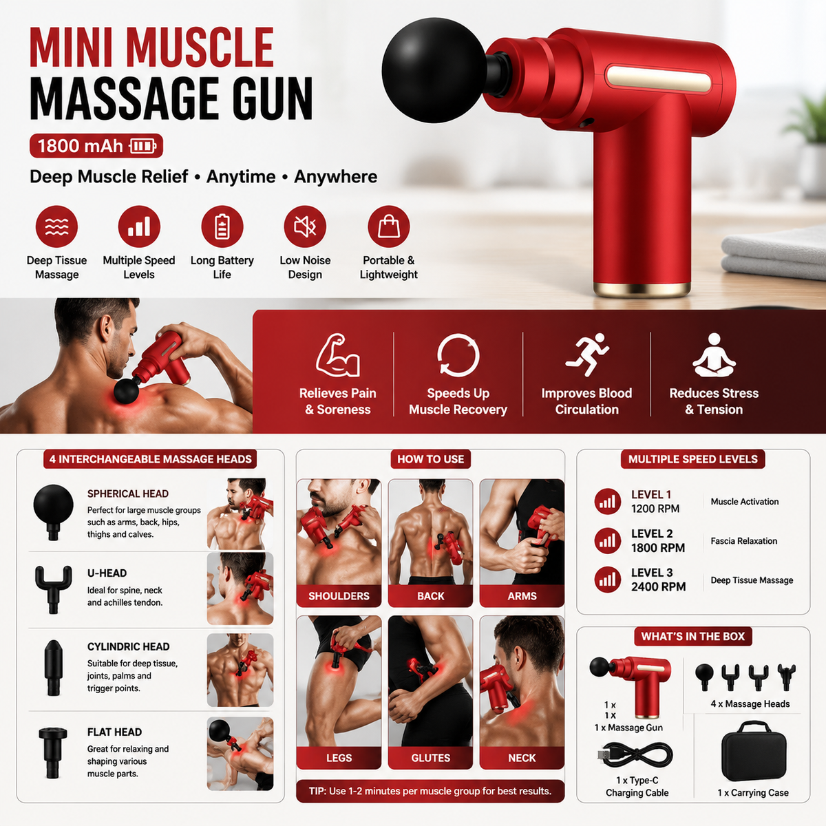 Rechargeable Deep Tissue Massage Gun – Body Muscle Pain Relief Massager with 4 Heads