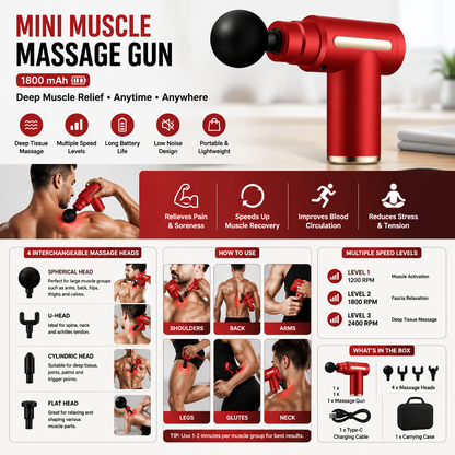 Rechargeable Deep Tissue Massage Gun – Body Muscle Pain Relief Massager with 4 Heads
